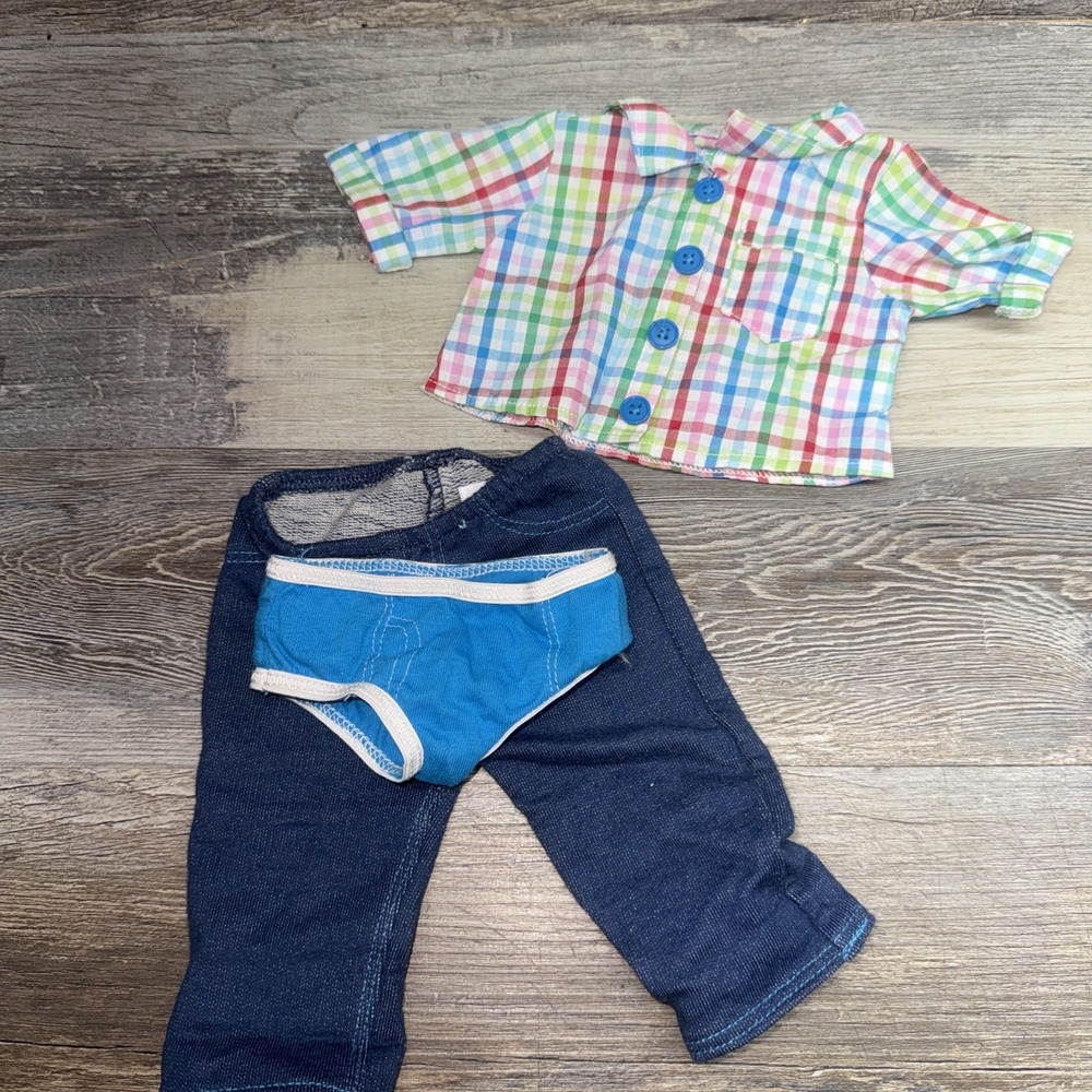 American Girl Bitty Baby Twins 2013 Rainbow Plaid Boys Outfit Shirt Undies Jeans